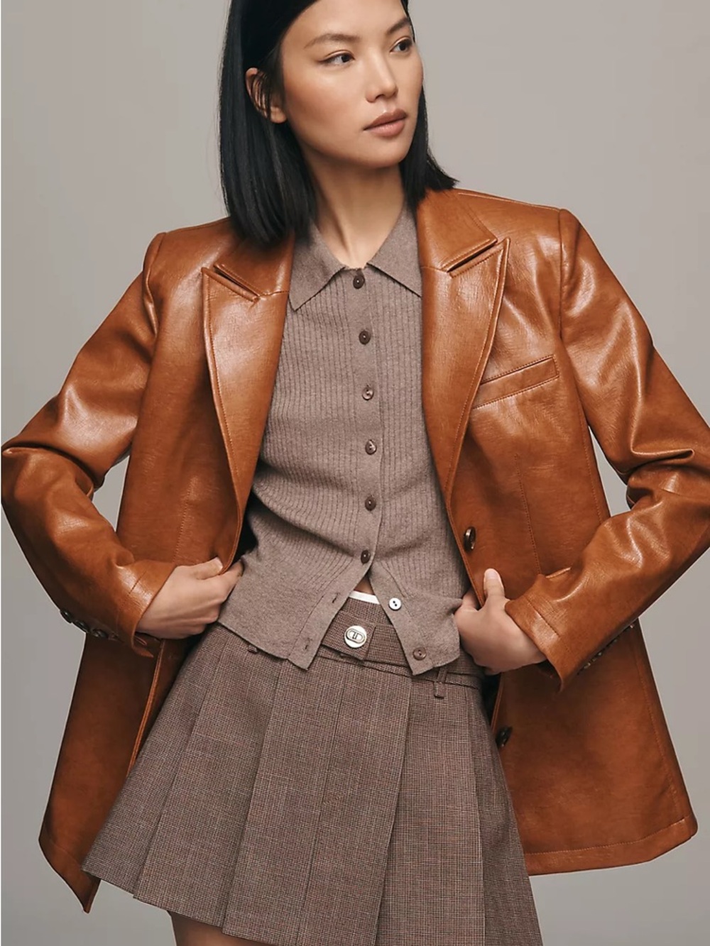 Maeve Cognac Brown Leather Blazer Jacket - Picture 4 of 9